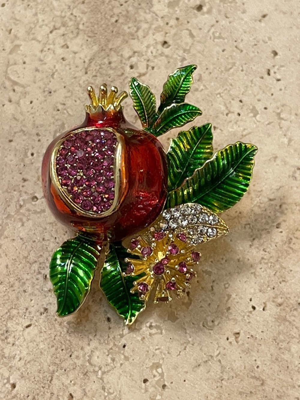 Neiman Marcus Pomegranate Brooch Red Green Enamel Crystal Statement Pin
